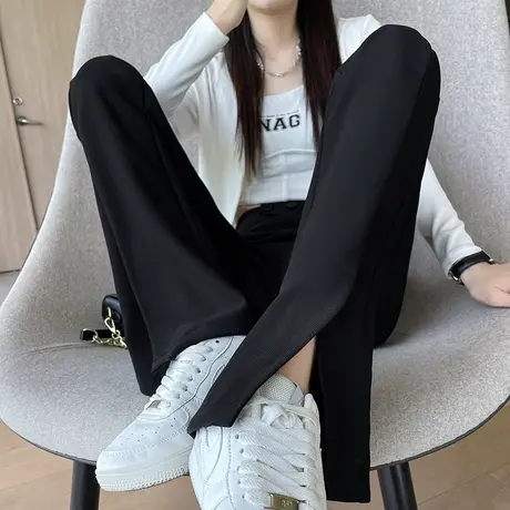 黑色开叉微喇裤女夏季薄款2023新款高腰垂感显瘦休闲西装喇叭裤子商品大图