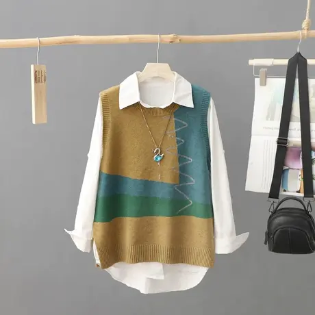 早秋季圆领上衣女士马甲时尚2024年新款拼色坎肩叠穿毛衣针织背心图片