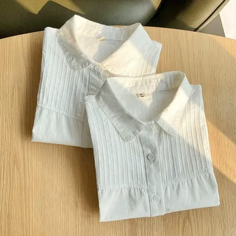 夏季简约纯棉短袖白色衬衫女学生职业工作装文艺半袖条纹拼接上衣图片