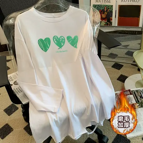 2022新款流行秋冬装磨毛加厚纯棉t恤女宽松中长款韩版上衣打底衫商品大图