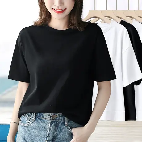 黑色小圆领落肩短袖t恤女夏短款纯棉宽松大码胖妹妹遮肉百搭体恤商品大图