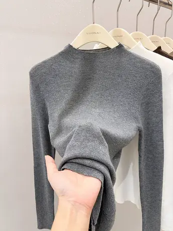 灰色半高领长袖针织衫女装秋冬2023新款百搭修身上衣打底衫女内搭商品大图