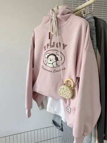 小狗毛巾绣简约减龄秋冬加绒女款上衣宽松连帽学生韩版加厚卫衣潮商品大图