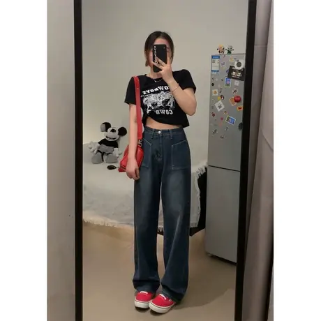 真能遮胯 小个子梨形身材牛仔拖地裤微胖mm复古蓝高腰阔腿裤子女图片