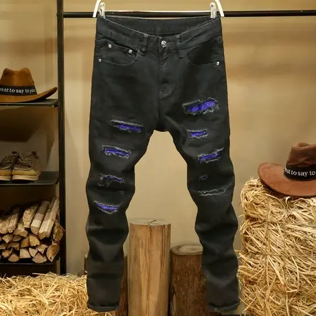 个性破洞牛仔裤男款黑色修身弹力小脚裤男士潮牌刮烂贴布烫钻长裤商品大图