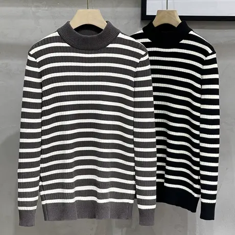 条纹针织衫男秋季2023新款潮流男士半高领打底衫秋冬季毛衣男冬款商品大图