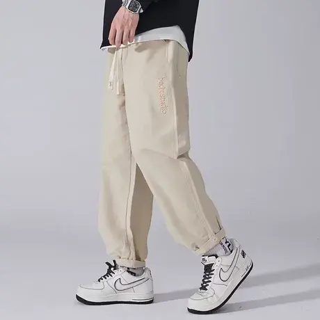 日系卡其色裤子男款春夏季潮牌直筒宽松美式刺绣痞帅工装休闲长裤商品大图