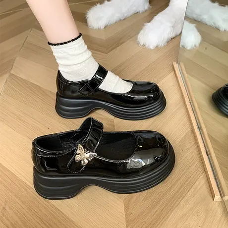 黑色甜酷玛丽珍鞋女2023年秋新款厚底增高学院复古金属扣小皮鞋女商品大图