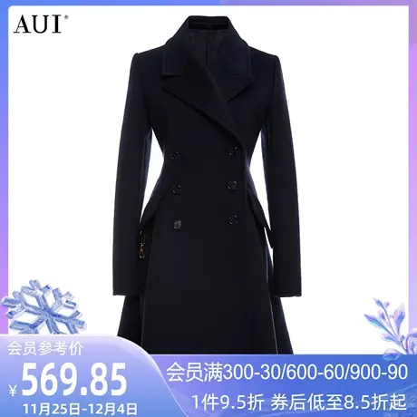 AUI黑色中款小个子毛呢外套女2023冬季新款修身职业西装呢子大衣图片