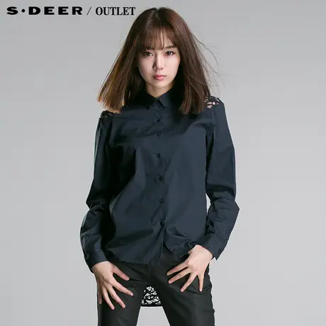 sdeer圣迪奥女春后背镂空深蓝优雅长袖衬衫 3380560图片