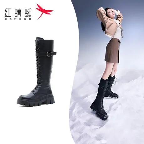 破界机能|红蜻蜓骑士靴不过膝长靴女秋冬新款厚底帅气系带高筒靴商品大图