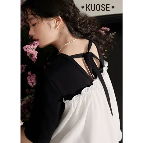 阔色黑色拼接T恤女2023新款夏季设计感短袖宽松针织上衣白图片