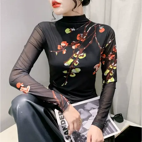 设计感半高领网纱长袖植物染印花时尚洋气内塔上衣女T恤ins打底衫商品大图