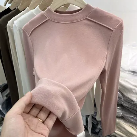 设计感软糯加薄绒长袖T恤女2023秋冬新款半高圆领洋气打底衫上衣图片