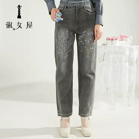 淑女屋旗舰店官网正品直筒烟灰纯棉休闲复古文艺牛仔裤长裤冬天女图片