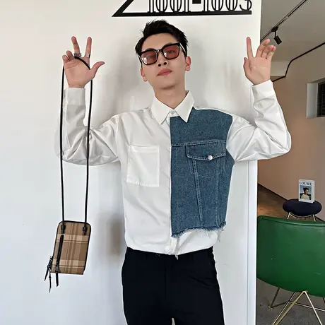 牛仔拼接衬衫长袖网红ins高级感秋季个性理发师上衣潮牌痞帅衬衣商品大图