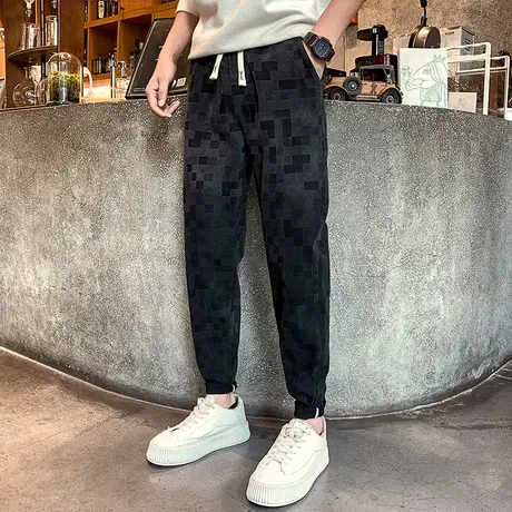 休闲卫裤男春秋季2023新款宽松小脚哈伦裤美式个性拼格束脚裤百搭商品大图