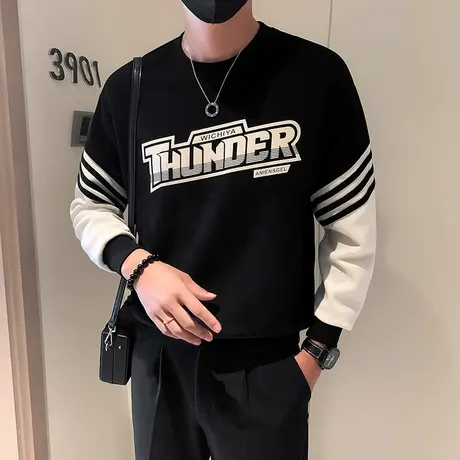 撞色拼接男休闲卫衣2023春秋季新款重磅长袖t恤秋装条纹装饰上衣商品大图