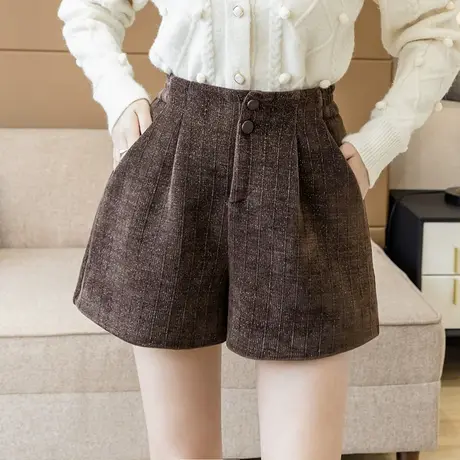 雪尼尔毛呢短裤女202秋冬亮丝阔腿短裤休闲显瘦高腰外穿打底靴裤商品大图
