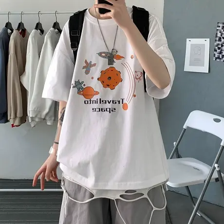 夏季太空印花男士短袖T恤潮牌2023新款纯棉宽松休闲百搭情侣体恤商品大图