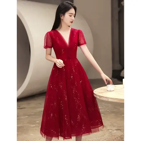 敬酒服新娘夏季酒红色结婚订婚回门晚礼服裙女仙气纱裙V领小个子图片