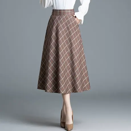 2024春季新款高腰格子裙半身裙女中长款时尚遮胯显瘦a字裙伞裙子商品大图