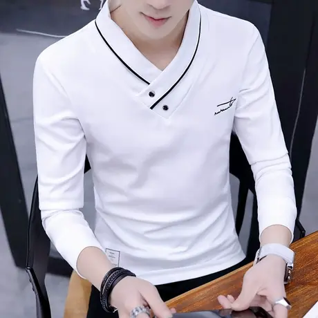 设计高级感V领t恤男长袖潮牌个性卫衣春秋韩版帅气纯棉打底体恤衫商品大图