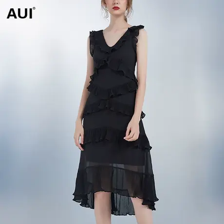 aui木耳荷叶边无袖连衣裙女夏2024新款欧洲站时尚洋气黑色雪纺裙图片
