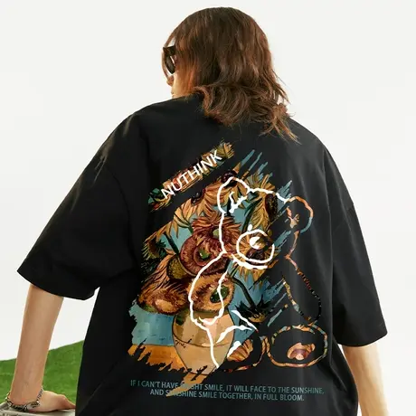 Nuthink欧美高街卡通小熊短袖男潮ins潮牌t恤宽松加肥加大半截袖商品大图