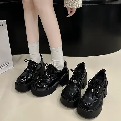 黑色厚底小皮鞋女款春季单鞋玛丽珍鞋女鞋圆头百搭粗高跟鞋乐福鞋图片
