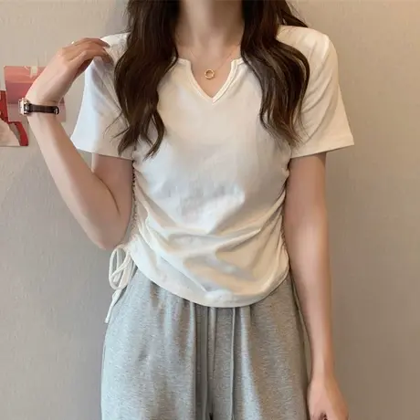 抽绳褶皱不规则短袖T恤女早春夏装韩版修身显瘦V领短款半袖上衣潮商品大图