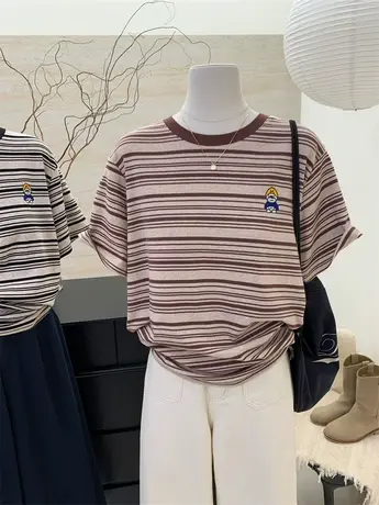 条纹短袖t恤女2024春夏新款韩版宽松显瘦撞色纯棉半袖打底衫上衣商品大图