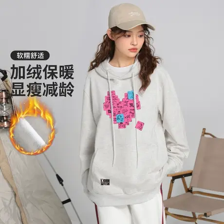 真维斯Z+女装 休闲百搭加绒连帽卫衣宽松设计感爱心印花长袖上衣X商品大图