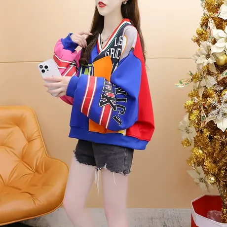 网红设计感V领卫衣女2024新款早春季宽松慵懒风百搭欧版大码上衣图片