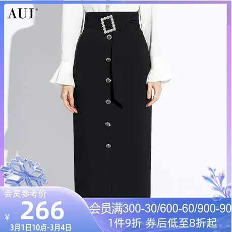 AUI黑色职业高级感显瘦半身裙女2024春夏新款气质高腰修身中长裙图片