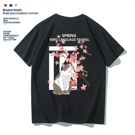 夏季oversize日系复古卡通闻花猫t恤男宽松上衣潮流ins情侣短袖图片