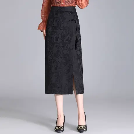 2024春季新款高腰中式国风直筒裙女中长款优雅包臀半身裙一步裙子商品大图