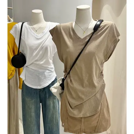 褶皱收腰V领短袖T恤女夏季百搭宽松显瘦设计感小众纯棉飞飞袖上衣图片