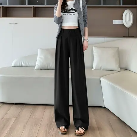 黑色阔腿裤女春秋2024新款褶皱高腰西装裤高级感垂感直筒拖地裤子图片