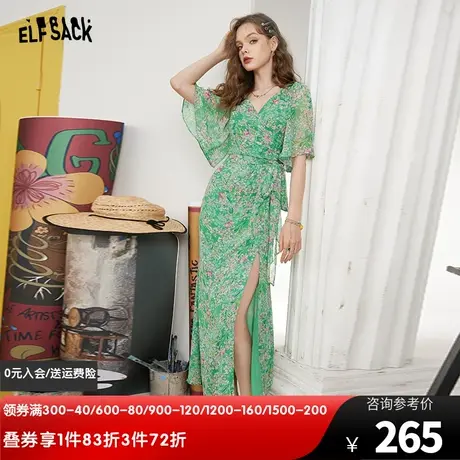 妖精的口袋绿色雪纺碎花连衣裙女2023夏季新款v领开叉度假风长裙图片