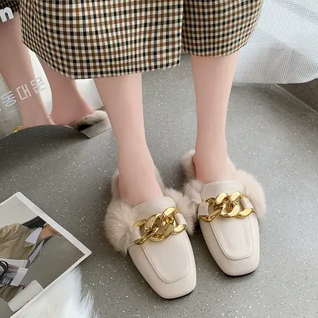 懒人鞋一脚蹬皮毛女鞋秋冬方头加绒毛毛鞋女外穿包头半拖鞋穆勒鞋商品大图