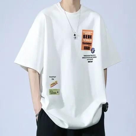 港风重磅短袖t恤男夏季休闲宽松休闲半袖男潮ins青少年中袖体恤衫商品大图