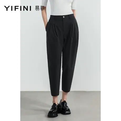 Yifini/易菲黑色休闲高腰小脚裤2023夏季新款宽松梨形身材九分裤商品大图