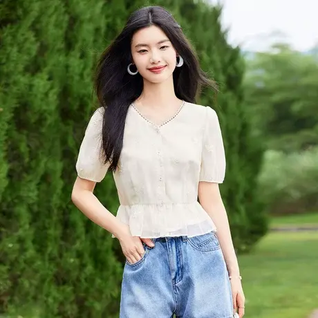 时尚气质短袖衬衫2023年夏新款淑女甜美温柔V领显瘦通勤短裤上衣图片