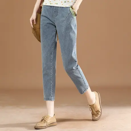 松紧腰撞色直筒牛仔裤女2023年新款夏季薄款宽松高腰七分哈伦裤子商品大图