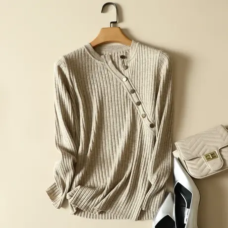 秋冬复古斜襟七粒扣套头针织衫女士洋气黑色百搭毛衣修身打底上衣商品大图