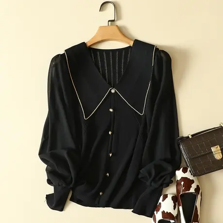 秋季2023年新款韩版小方领洋气雪纺袖冰丝针织衫女套头上衣打底衫商品大图