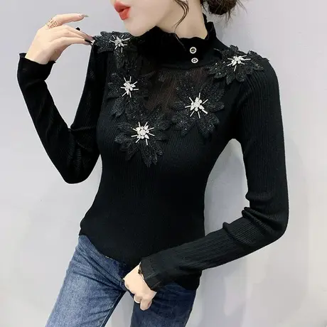 网纱拼接毛衣女秋冬设计感小众洋气针织衫紧身半高领打底上衣长袖图片