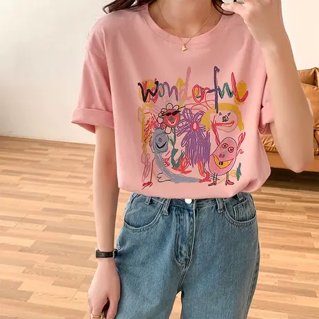 粉色短袖t恤女夏纯棉2023年新款宽松涂鸦印花体恤设计感小众上衣商品大图