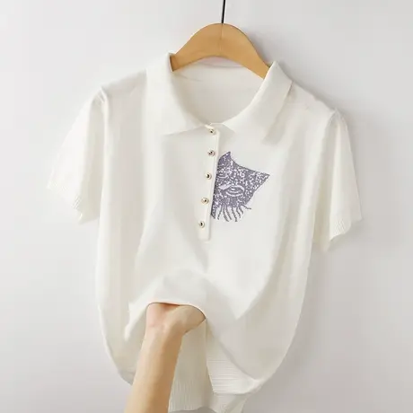 薄款刺绣冰丝短袖t恤女春夏季小众宽松新款polo领针织衫休闲上衣商品大图